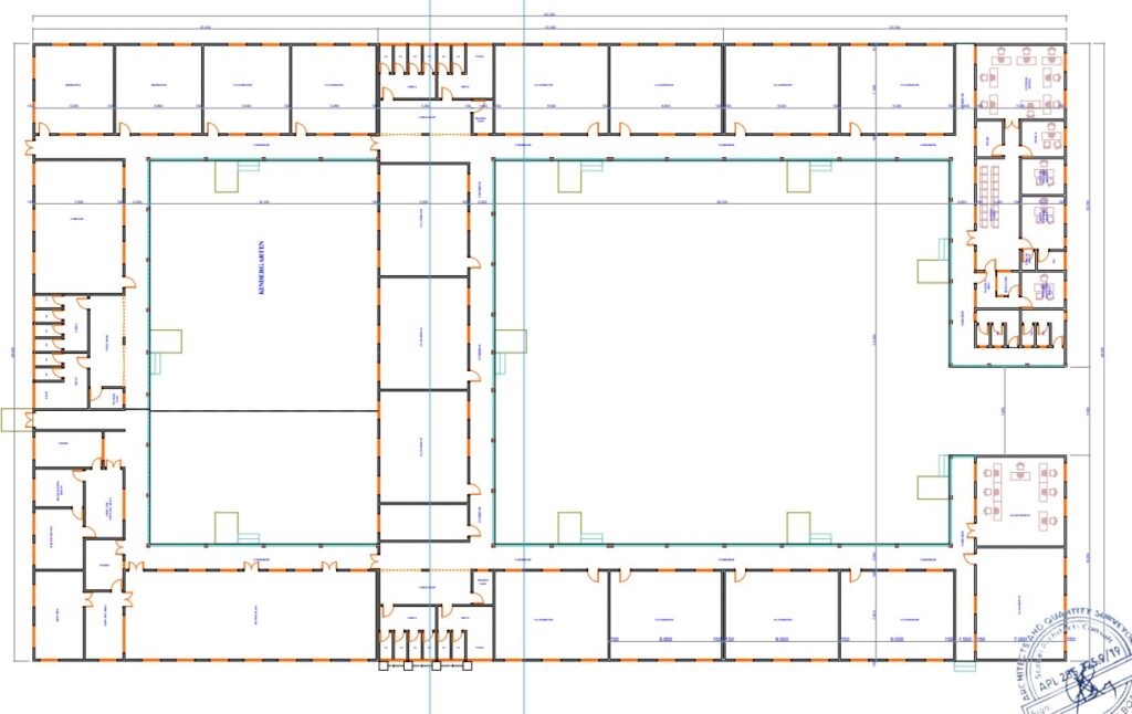 Grundriss des Schulcampus in Tansania mit Klassenräumen, Kindergarten, Innenhof und Nebenräumen im Projekt Nala