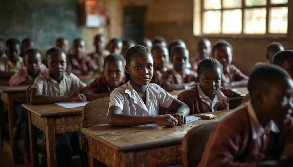Kinder sitzen im Klassenzimmer einer einfachen Schule in Tansania und lernen gemeinsam