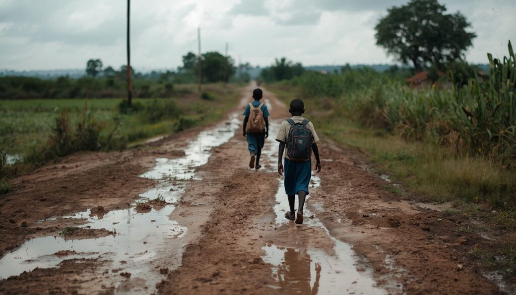 Kinder laufen auf schlammigem Schulweg im ländlichen Tansania während der Regenzeit zur Schule