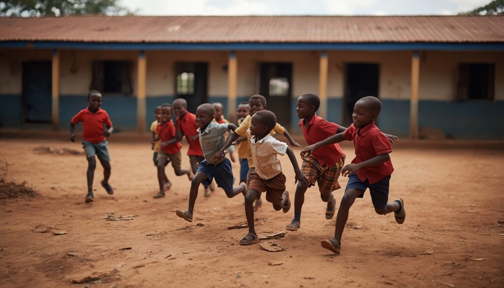 Kinder spielen gemeinsam auf einem Schulhof in Tansania mit einfachem Schulgebäude im Hintergrund